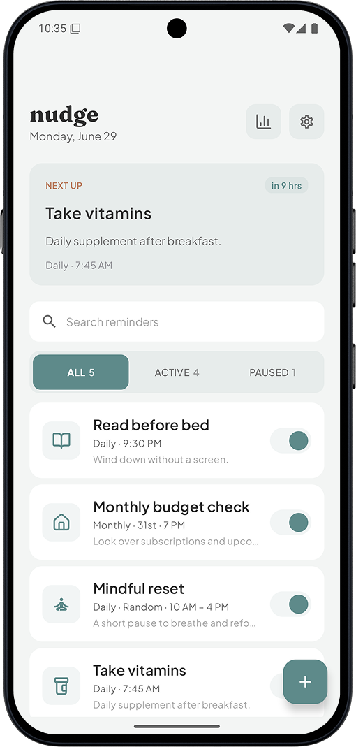 nudge home screen showing the next reminder and reminder list
